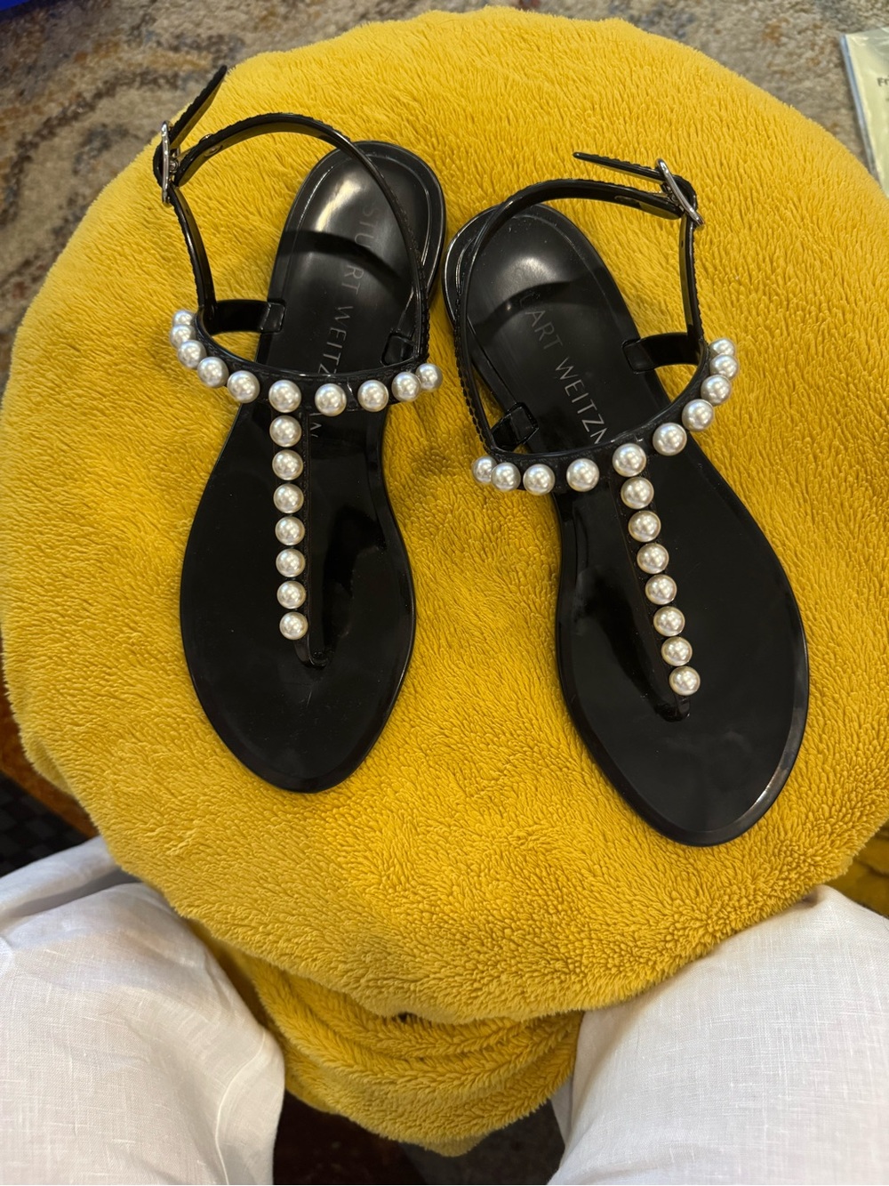 Stuart Weitzman Black Jelly T-Strap Sandals with Pearl Trim